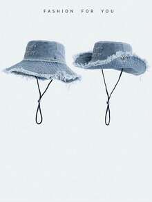 1 PC Unisex Couple Style Distressed Embroidered English Letters Retro Washed Rough Edge Drawstring Hat Bucket Hat Sun Hat Outdoor Cycling Mountaineering Sun Hat Suitable For Travel Beach Seaside Leisure Vacation Play Daily Use - Multicolor - View 13