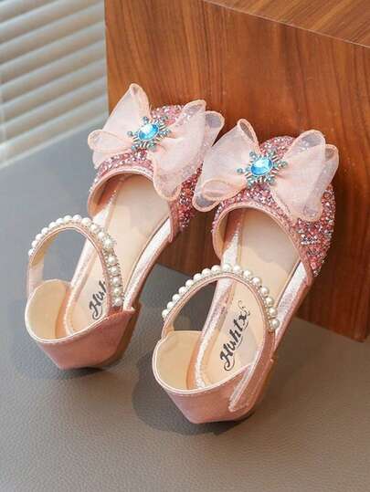 1 par modeprinsesskor för flickor, mjuka sandaler med oäkta diamanter och rosett, strass-babyskor, paljettbalettskor
