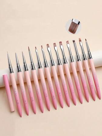 全新 13 件套粉色美甲彩绘笔套装，带多功能刷子、渐变效果、指甲油彩绘工具