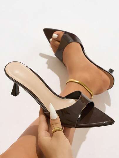 Women High Heel Mules Pumps Pointed Toe Sexy Cinched Waist Wide Vamp Stilettos Kitten Heels, Fashion Elegant Casual Slippers Outdoor Walking Travel Party Wear, Lacquer Soft Coffee Brown Ladies Shoes
