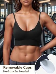 1pc High-Elastic Ribbed Yoga Bra, Shockproof Seamless Fitness Crop Top With Adjustable Straps, Breathable Open Back Sports Bra