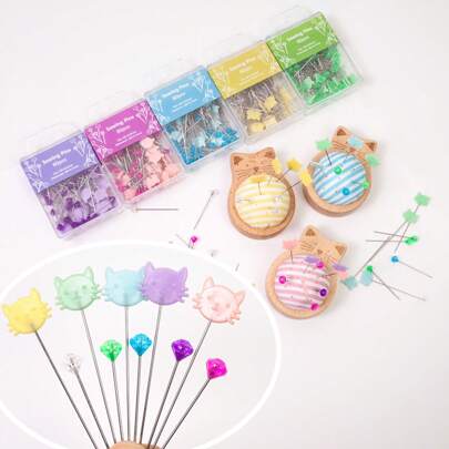 80pcs/Box Cat Shaped Diamond Head Pins Multi-Color Sewing Pins For Fabric Fixing Craft Sewing Accessories Quilting Supplies