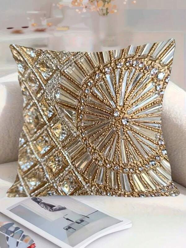 1/2/4 pièces Taie d'oreiller luxueuse en peluche dorée et blanche avec cristaux, 45 x 45 cm, design géométrique moderne avec fermeture à glissière, lavable en machine - idéal pour le salon, la chambre à coucher, la décoration de bureau (l'insert n'est pas inclus, impression 2D plate), oreillers pour canapé, accessoire de chambre, style contemporain, texture brillante