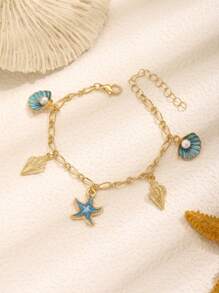 1 pieza Pulsera elegante y linda de niñas con estilo océano creativo, con colgantes de concha, estrella de mar y perla falsa, ideal para uso regular, vacaciones de playa y verano