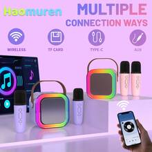 Haomuren A Set Of  Portable Karaoke Speaker With Distinctive RGB Lighting, One Rechargeable Karaoke Speakers And Two Wireless Microphones With Voice Change, Perfect For Gifts/Parties, Support TF Card/Headphone Jack/USB-C Charging, Two Colors- Pink & Purple, 1800mAh Battery