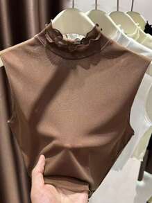 1pc Women's Slim Fit Sleeveless Knit Top With Double Ruffle Hem & Detachable Collar