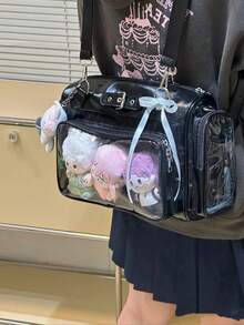 新款日系PU皮Y2K心形链条透明徽章包，休闲简约街头风多功能大容量单肩斜挎包，可装杂物、挂钥匙、收纳明信片 - 黑色 - 查看 2