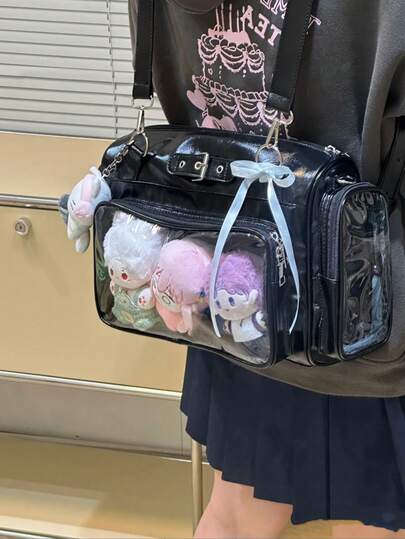 新款日系PU皮Y2K心形链条透明徽章包，休闲简约街头风多功能大容量单肩斜挎包，可装杂物、挂钥匙、收纳明信片