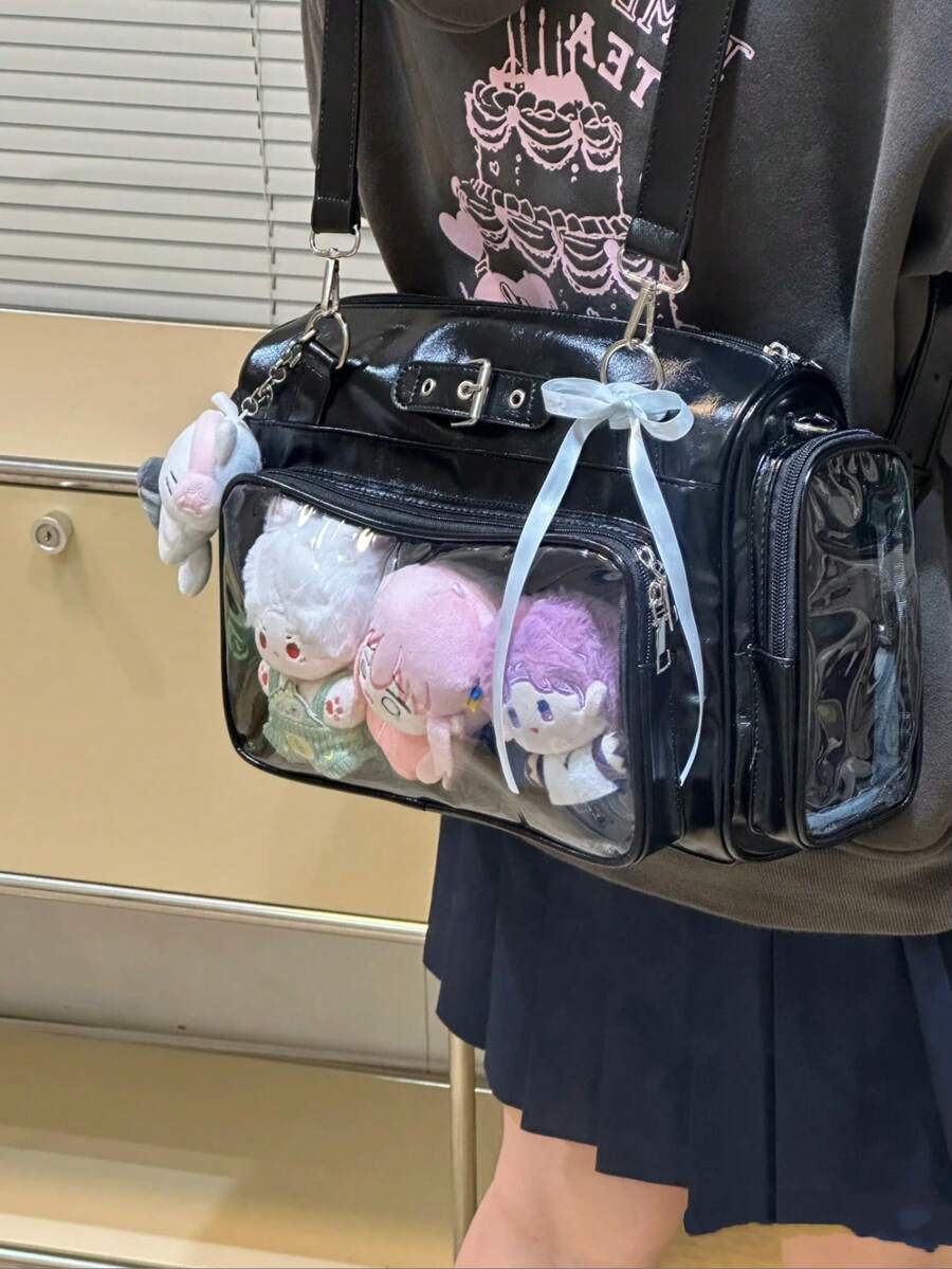 新款日系PU皮Y2K心形链条透明徽章包，休闲简约街头风多功能大容量单肩斜挎包，可装杂物、挂钥匙、收纳明信片