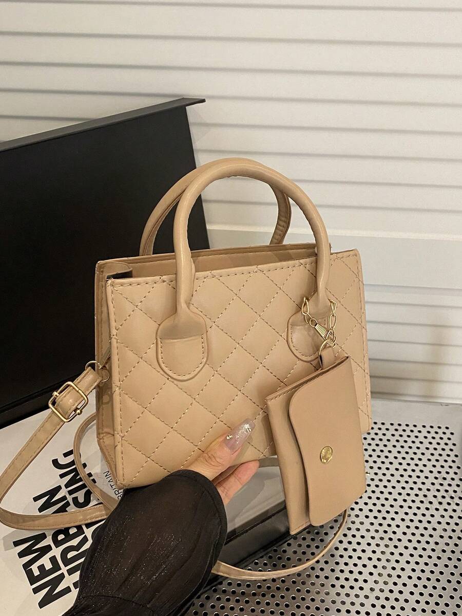 輕薄商務休閒拼花雙手提方形袋，附小袋適合十幾歲女生、女性大學生、初入職場的白領 workers。適用於辦公室、學院、工作、商務、通勤、戶外、旅行和郊遊。