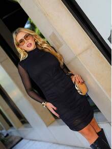 Women's Dress In Draped Lined Tulle - Black - View 9