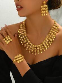 5件套复古多层镂空几何流苏项链、耳环、戒指、手链首饰套装，夸张纹理，适合婚礼/派对佩戴 - 金色 - 查看 1