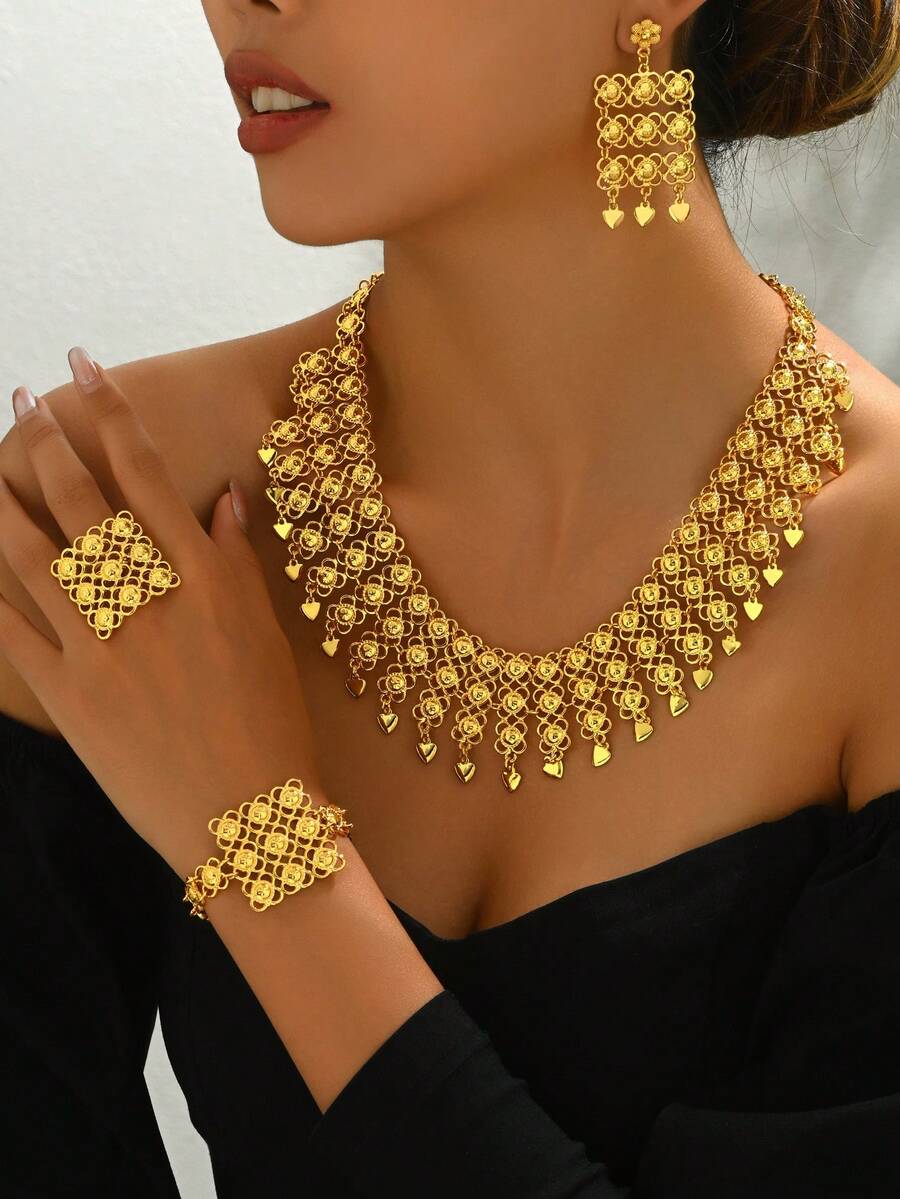 5件套复古多层镂空几何流苏项链、耳环、戒指、手链首饰套装，夸张纹理，适合婚礼/派对佩戴 - 金色 - 查看 1