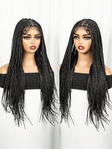 Full Lace Black Braided Wig Afro Women Cornrow Braid Wig Women Lace Frontal Braid Wig Synthetic Square Weave Braids - 黑色 - 查看 9