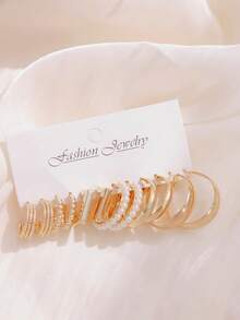 36 Pcs Vintage-Inspired Faux Pearl Hoop Earring Set, Retro Gold Finish, Ideal For Autumn Styling, Date Night & Elegant Gifting Moments - Yellow Gold - View 6