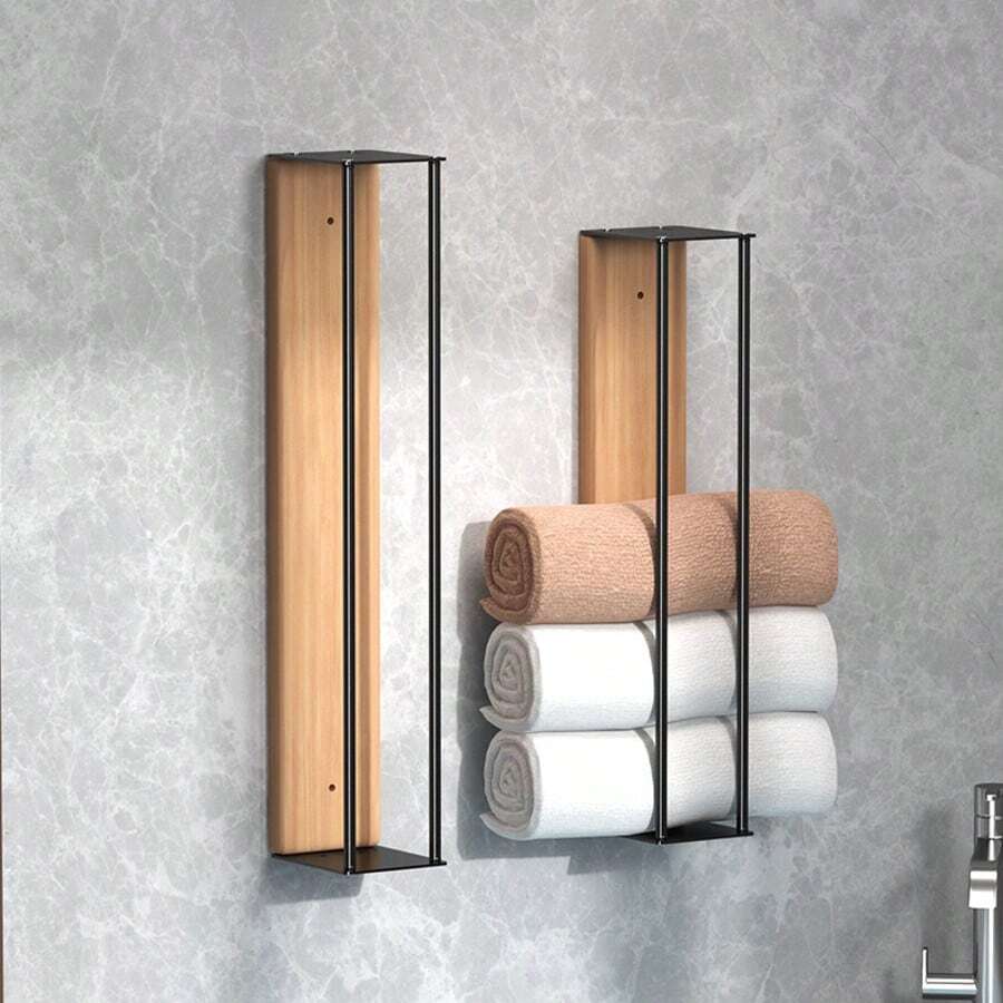 Rustic Wooden Towel Holder, 40/50 Cm, Wall-Mounted & Drill-Free, Rollable, Suitable For Bath, Hand & Beach Towels - 黑色 - 查看 1