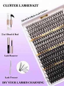 320PCS D Curl Lashes 30D40D80D100D Different Styles Fluffy Lash Clusters Natural DIY Lash Clusters Set Eyelashes False Eyelash Extensions Cluster Lashes Kit With Bond And Seal Lash Remover Tweezer Wispy Voluminous Curlslash Clusters Kit,Lashes,Eyelashes,Fake Lashes