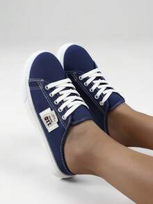 Women's Solid Canvas Slippers, Platform Round Toe All-Match Lace Up Breathable Slip On Shoes, Women's Footwear - Blue - View 6