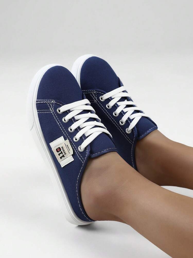 女士纯色帆布拖鞋，厚底圆头百搭系带透气一脚蹬鞋，女士鞋类 - 藍色 - 查看 5