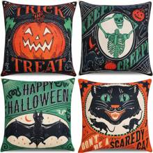 4 capas de almofada decorativas vintage de Halloween, estampa de gato assustador, abóbora, caveira, morcego, capas de almofada retrô de 45,7 cm x 45,7 cm com zíper, estampadas em um só lado, decoração de Halloween para casa, adequadas para o feriado de outono, pátio externo, sofá para sala de estar interna, decoração de quarto