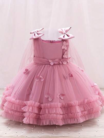Vestido de fiesta de cumpleaños para niña, estilo princesa con lazo y flores 3D de tul