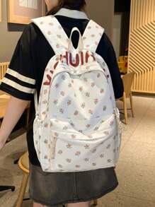 Casual Large Capacity Floral & Letter Graphic Multi-Pocket Functional Backpack, Cute Fresh College Style Student School Backpack, Suitable For Going To School, Travelling, Suitable For Back To School Season