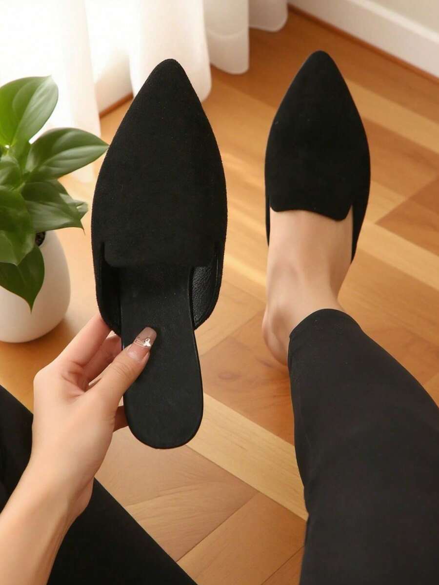 Spring Summer Autumn Fashion Pointed Toe Black Knit Slip-On Women's Flat Slippers, Breathable And Comfortable, Convenient For Travel, Suitable For Daily Lightweight Wear, Summer Slippers