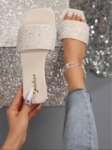 Women's Sport Sandals/Slippers, Summer Outdoor Faux Pearl & Rhinestone Slide Sandals, Solid Color Open Toe Strap Flat Casual Sandals