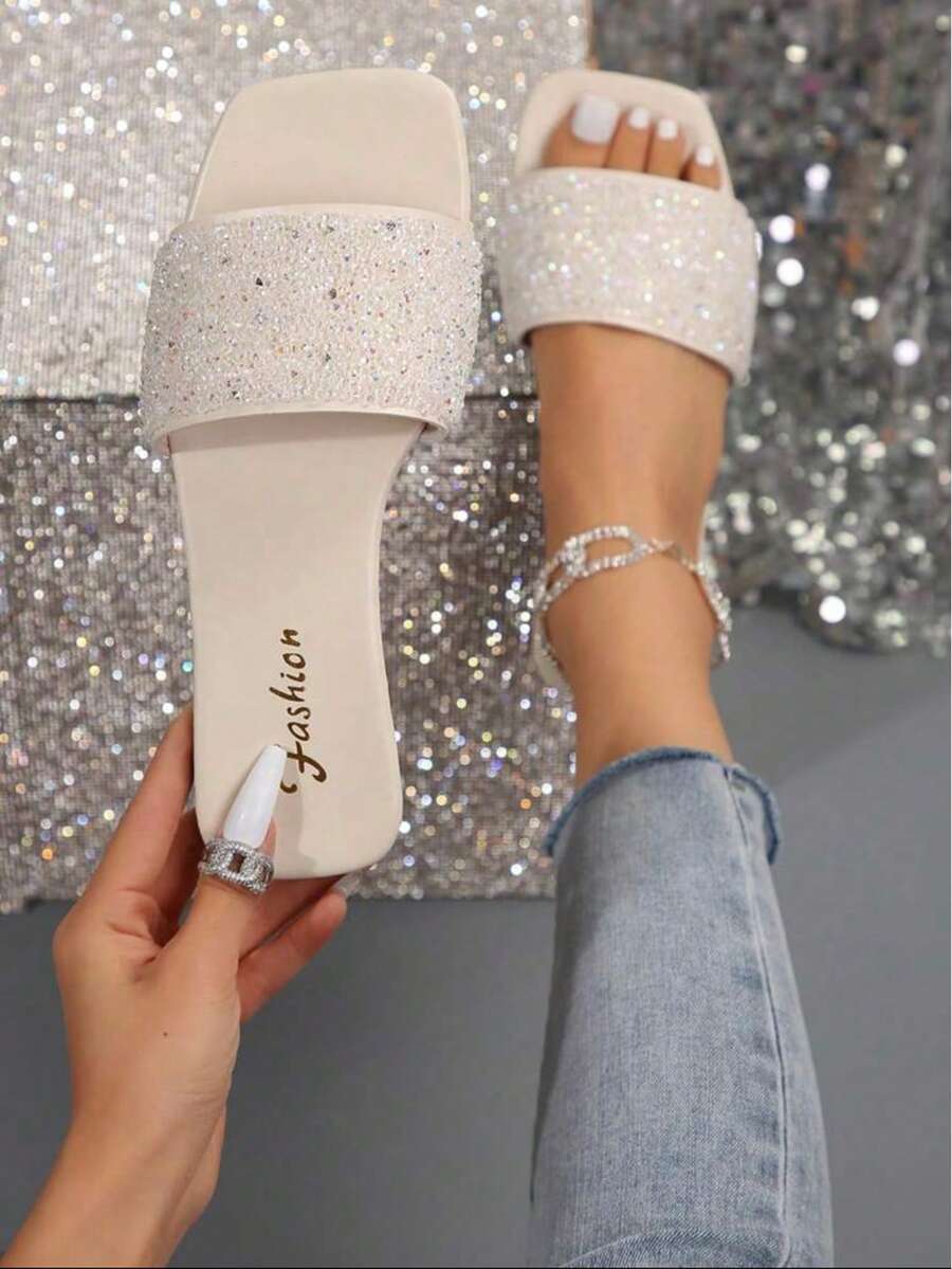 Women's Sport Sandals/Slippers, Summer Outdoor Faux Pearl & Rhinestone Slide Sandals, Solid Color Open Toe Strap Flat Casual Sandals