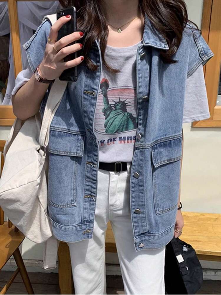 秋のレイヤリングに最適な女性用ゆったりフィットデニムベスト - ブルー - 見る 2