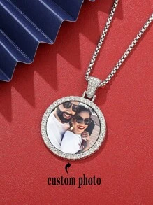Pendentif souvenir photo personnalisé - Style hip-hop, rond incrusté de zircone, collier DIY pour hommes