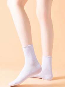 5 Pairs Mid-Calf Socks, Pure White With Striped Ruffle Design, Suitable For Home, Travel, Vacation And All Seasons - White - View 3