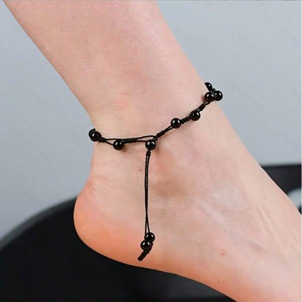 1 pezzo Cavigliera in stile boho minimalista in ossidiana, regolabile, con catena di perline intessuta a mano e accessori pendenti, accessorio leggero per piedi unisex adatto per uso casual e vacanze