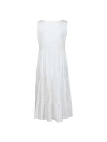 Plus Size Women's Scoop Neck Pleated Babydoll Loose Dress Sleeveless Solid Color Dress - White - View 3
