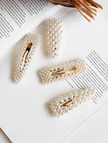Bộ 2 kẹp tóc tam giác đính ngọc trai giả màu vàng và bạc, kẹp càng cua, kẹp tóc, kẹp cài tóc, phụ kiện tóc, phụ kiện đội đầu, phụ kiện tóc cho nữ, ghim cài tóc - 4psc kẹp tóc ngọc trai hình giọt nước vuông kết hợp - Xem 2