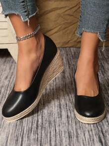 Fashionable, Elegant, Casual, Versatile, Daily Commute Solid Color Casual Commute Outdoor Elegant Party Resort Fashion PU Leather Woven Women's Platform Wedge High Heel Shoes, Fall Shoe, Shoes, Holiday, Wedding, Resort, Party, Indoor Outdoor, All Season