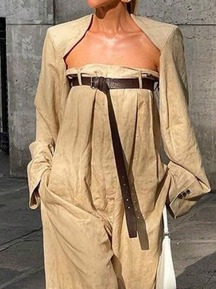 2025 New Women's Loose Fit Casual Jumpsuit Two-Piece Suit Long Sleeves Belted Strapless Wide Leg Long Coveralls - 卡其色 - 查看 3