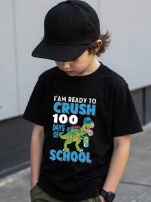 男童返校趣味标语和恐龙印花短袖T恤
