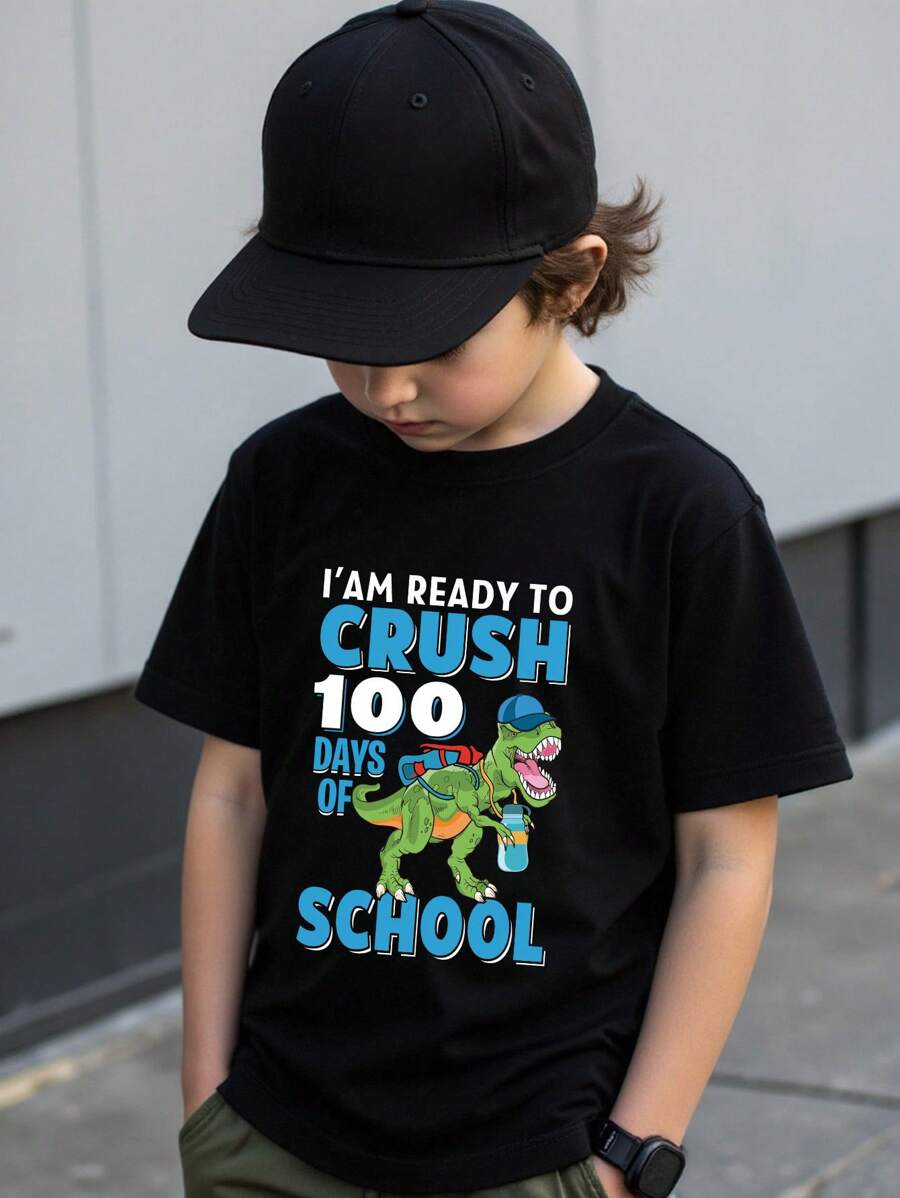 男童返校趣味标语和恐龙印花短袖T恤
