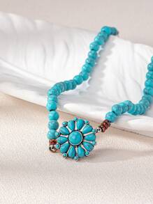 1pc Bohemian Retro Floral Pendant Necklace With Faux Turquoise Beads, Suitable For Women's Daily Wear