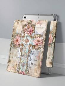 精美花朵字母十字图案透明硅胶减震支架，带笔槽，适用于 Galaxy Tab A8 10.5、S6 Lite 10.4、S7/S8/S9 英寸。支持睡眠唤醒，可作为节日礼物