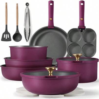19pcs Pots And Pans Set Nonstick Cookware Set Detachable Handle Induction Kitchen Cookware Sets Non Stick With Removable Handle RV Cookware Set Gold And Purple For Her