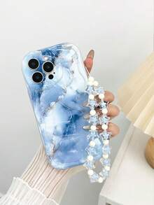 奶油色波浪边亮面蓝色大理石纹彩绘防摔手机壳，配手工串珠手链配件 - 彩色 - 查看 3