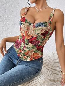 EZNV 1pc Vintage Palace Style Jacquard Slimming Camisole Top, French Romantic Jacquard Corset Vest - Multicolor - View 6