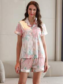 Ladies Casual Short Sleeved Shorts Pajamas Set, Multi Pattern Style, Comfortable Fit, Button Up Pocket, Summer, Casual Style Short Sleeved Shirt