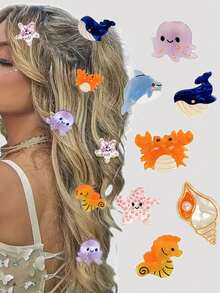 发夹 8 件彩色海洋小动物夹女士夏季海洋配饰贝壳刘海海豚侧夹章鱼螃蟹发夹海星发饰套装礼物发饰优雅爪夹，学校用品，大学