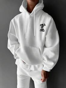 男士休闲时尚街头连帽衫，字母印花，袋鼠口袋，抽绳设计，秋冬款 - 白色 - 查看 2