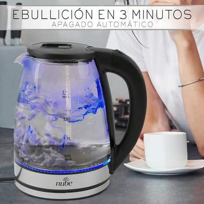 Tetera Eléctrica Hervidor De vidrio Tetera De 1.8 Litros Con Luz LED Apagado Automático Resistente al Calor Asa Fría Base de Acero Inoxidable Y Protección Contra Sobrecalentamiento,1100 W  Hierve agua en minutos Base Removible