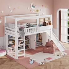 Sairedel Bunk Bed, Children's Bed, With Gate, With Children's Slide And Wardrobe, Ample Storage Space, With Four-Step Ladder, Pine+MDF+Plywood, White, 90x200cm