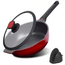 Sartén antiadherente con tapa y pinza de silicona de 11" Sartén para freír y wok antiadherente Utensilios de cocina Sartén roja para cocinas de gas, inducción, eléctricas y halógenas de superficie plana - Sartén  roja de 11 pulgadas - Ver 1